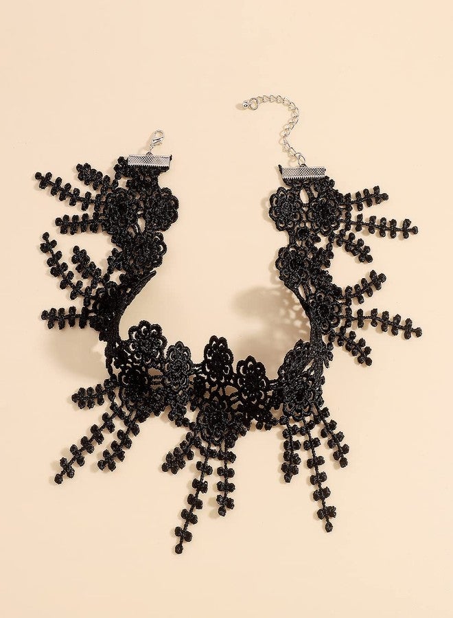 Rannyrena Gothic Lace Flower Choker Necklace Wide Short Collar Necklace Black White Braided Floral Necklace Boho Party Accessory for Women (Black) - Image 3